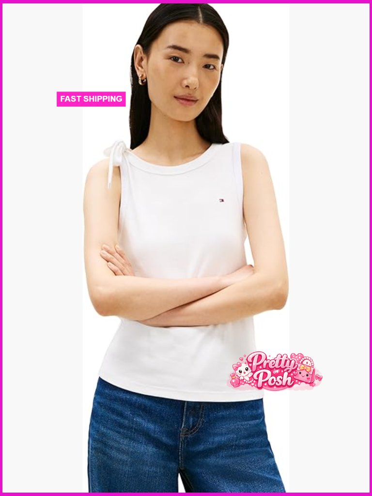Sleeveless Cotton Crew Neck Tank Top With Bow Detail
